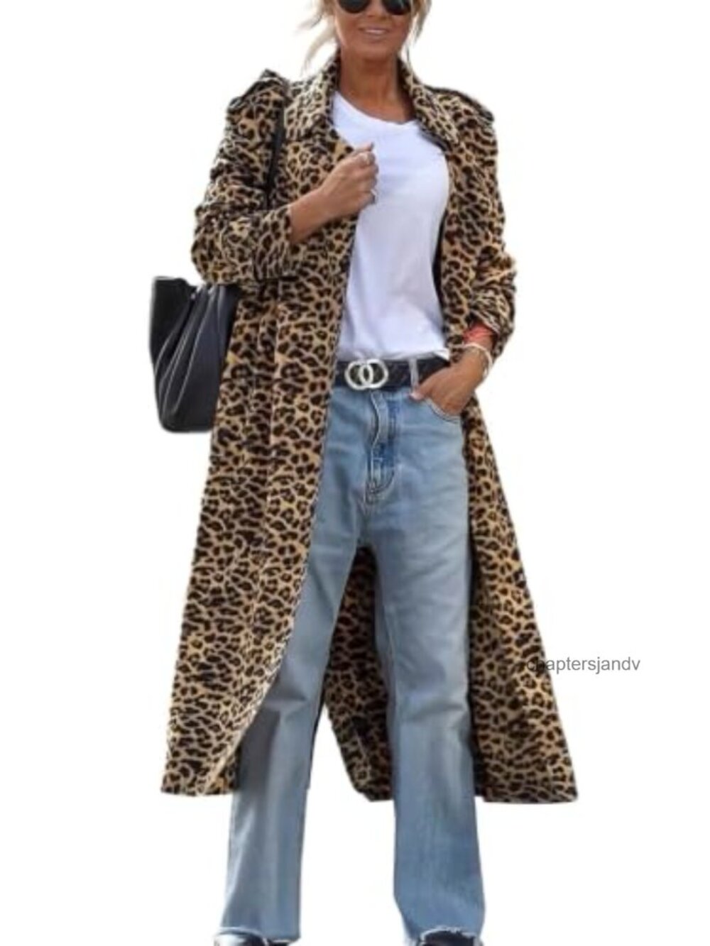 Faux Suede Leopard Pea Coat Notched Lapel Long Trench Coat